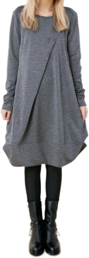 Womens Pleated Plus Size Midi Dress Crew Neck Long Sleeve Solid Color Loose Retro Flowy A Line Dress with Pockets