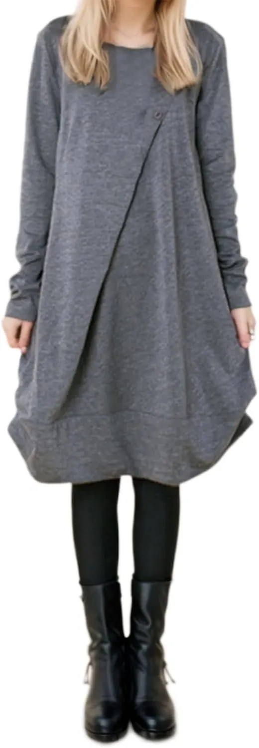 Womens Pleated Plus Size Midi Dress Crew Neck Long Sleeve Solid Color Loose Retro Flowy A Line Dress with Pockets