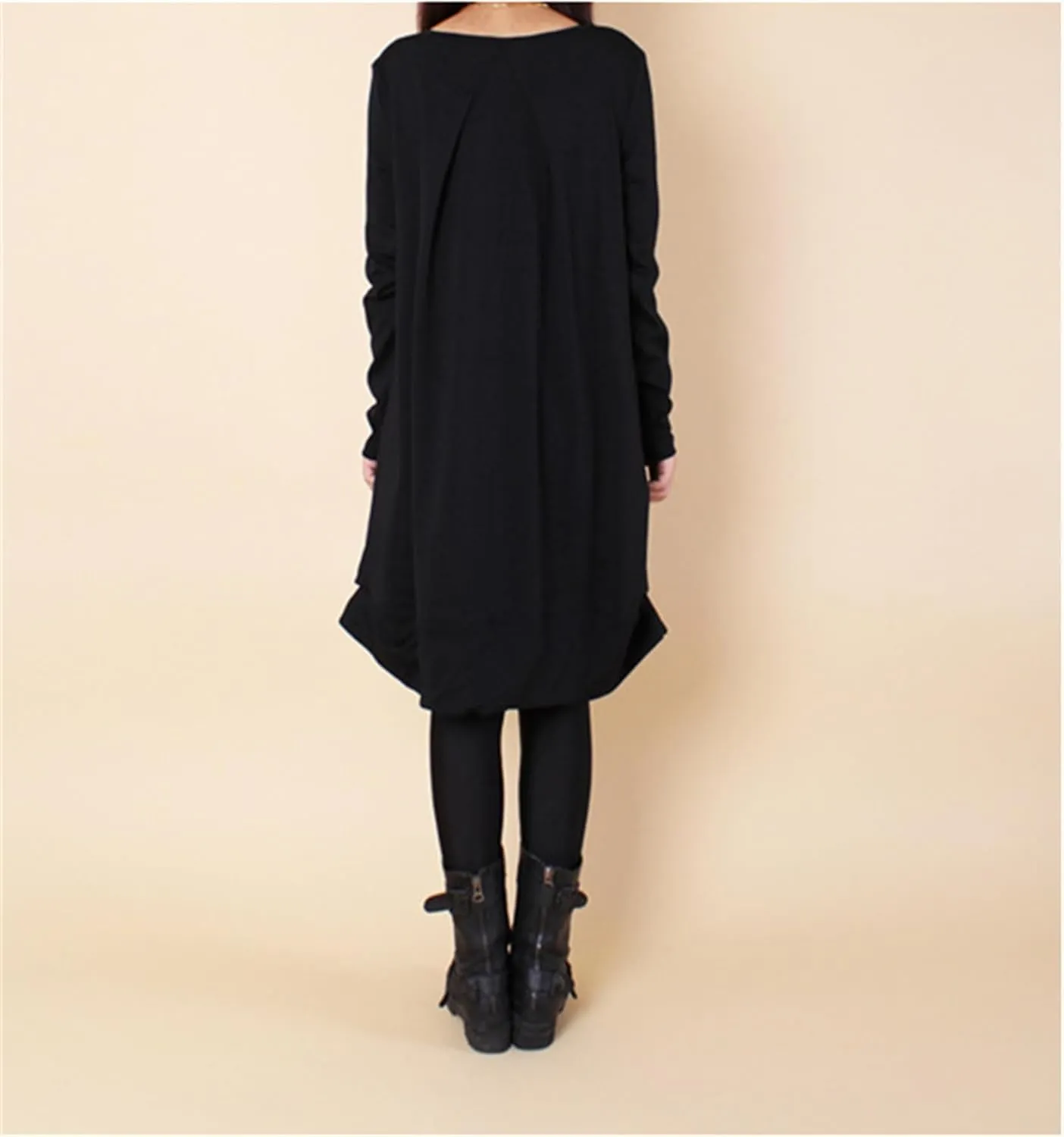 Womens Pleated Plus Size Midi Dress Crew Neck Long Sleeve Solid Color Loose Retro Flowy A Line Dress with Pockets