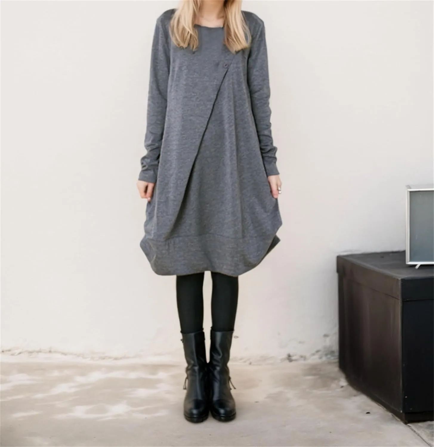 Womens Pleated Plus Size Midi Dress Crew Neck Long Sleeve Solid Color Loose Retro Flowy A Line Dress with Pockets