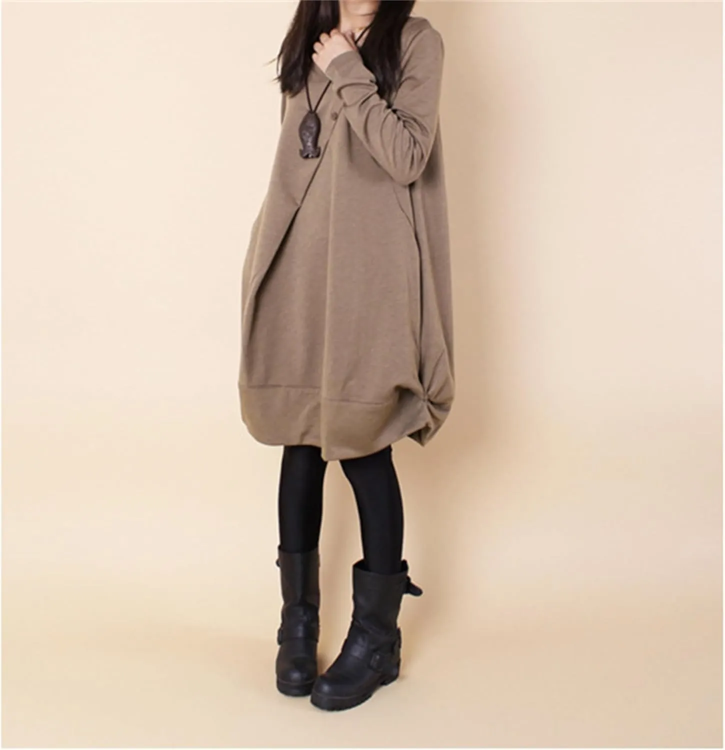 Womens Pleated Plus Size Midi Dress Crew Neck Long Sleeve Solid Color Loose Retro Flowy A Line Dress with Pockets