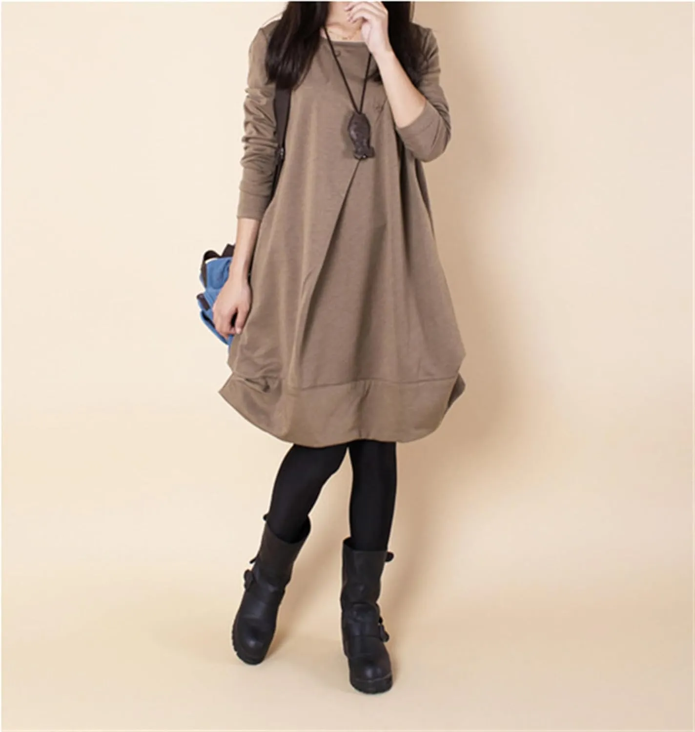 Womens Pleated Plus Size Midi Dress Crew Neck Long Sleeve Solid Color Loose Retro Flowy A Line Dress with Pockets
