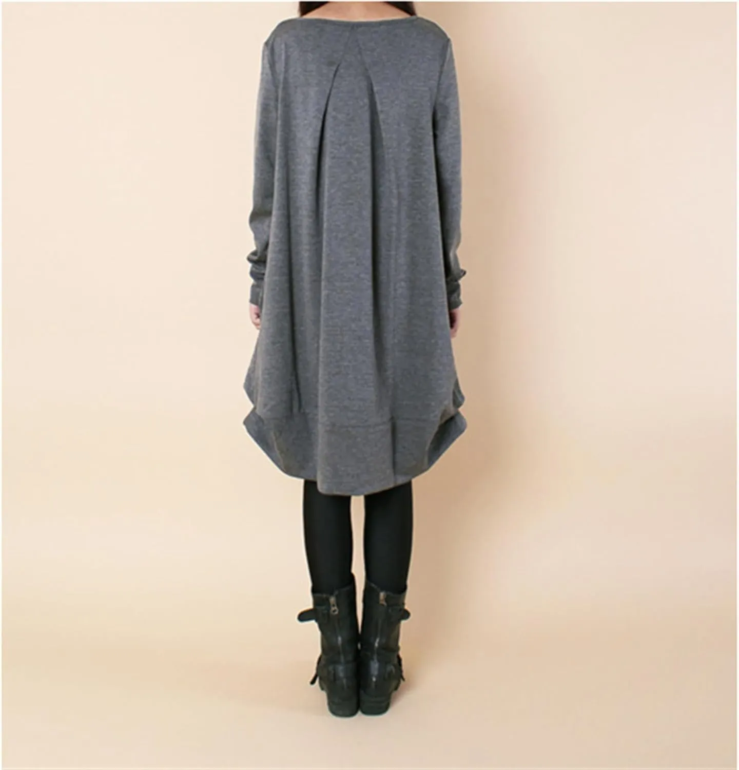 Womens Pleated Plus Size Midi Dress Crew Neck Long Sleeve Solid Color Loose Retro Flowy A Line Dress with Pockets