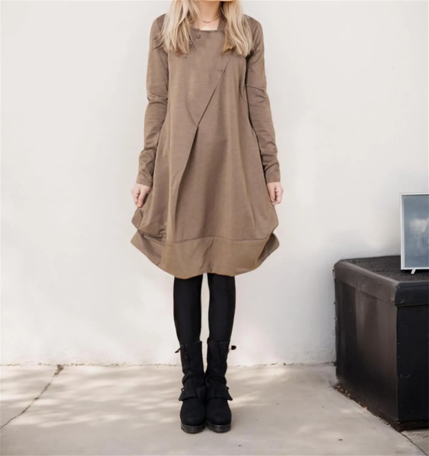 Womens Pleated Plus Size Midi Dress Crew Neck Long Sleeve Solid Color Loose Retro Flowy A Line Dress with Pockets