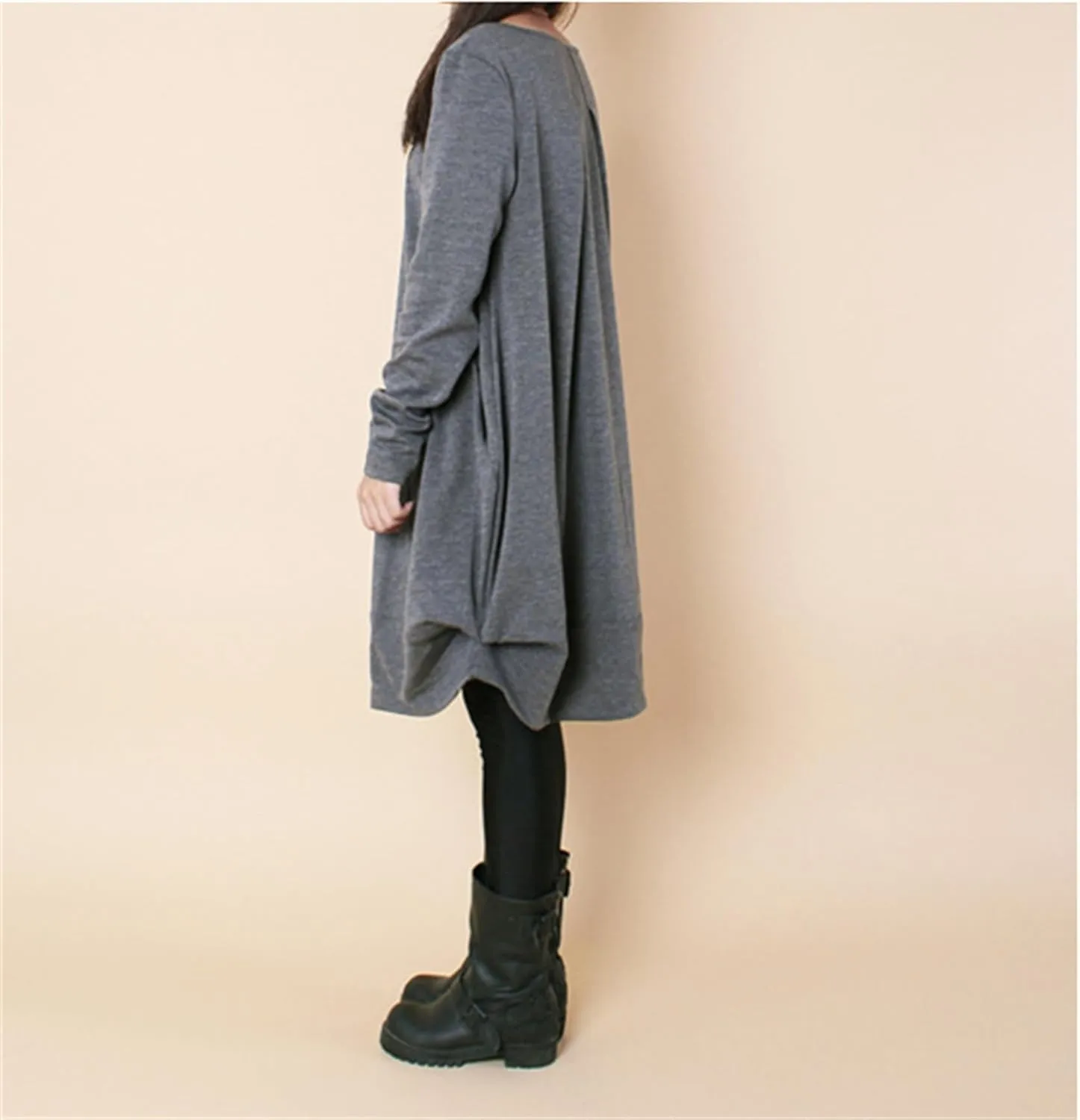Womens Pleated Plus Size Midi Dress Crew Neck Long Sleeve Solid Color Loose Retro Flowy A Line Dress with Pockets