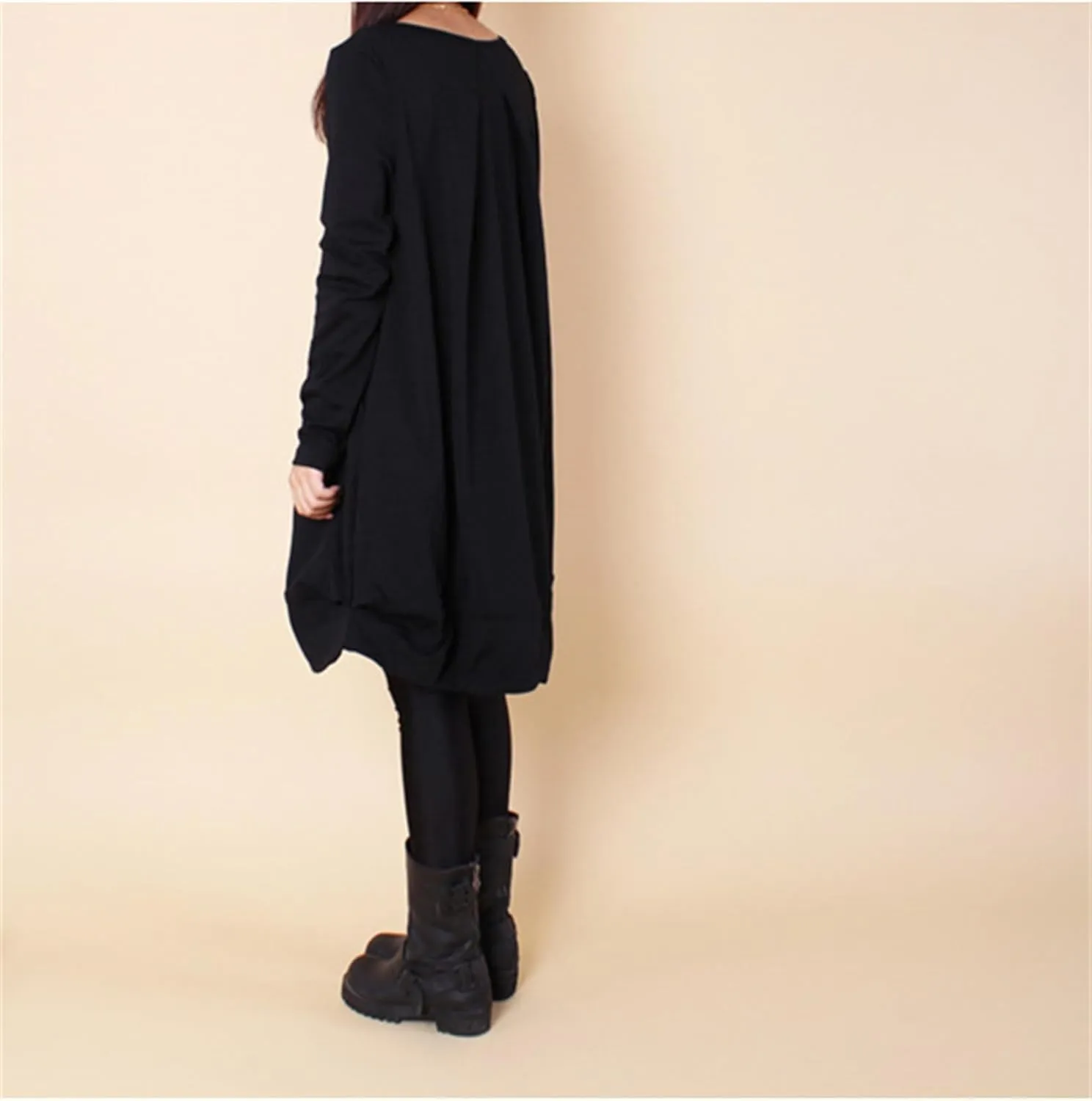 Womens Pleated Plus Size Midi Dress Crew Neck Long Sleeve Solid Color Loose Retro Flowy A Line Dress with Pockets