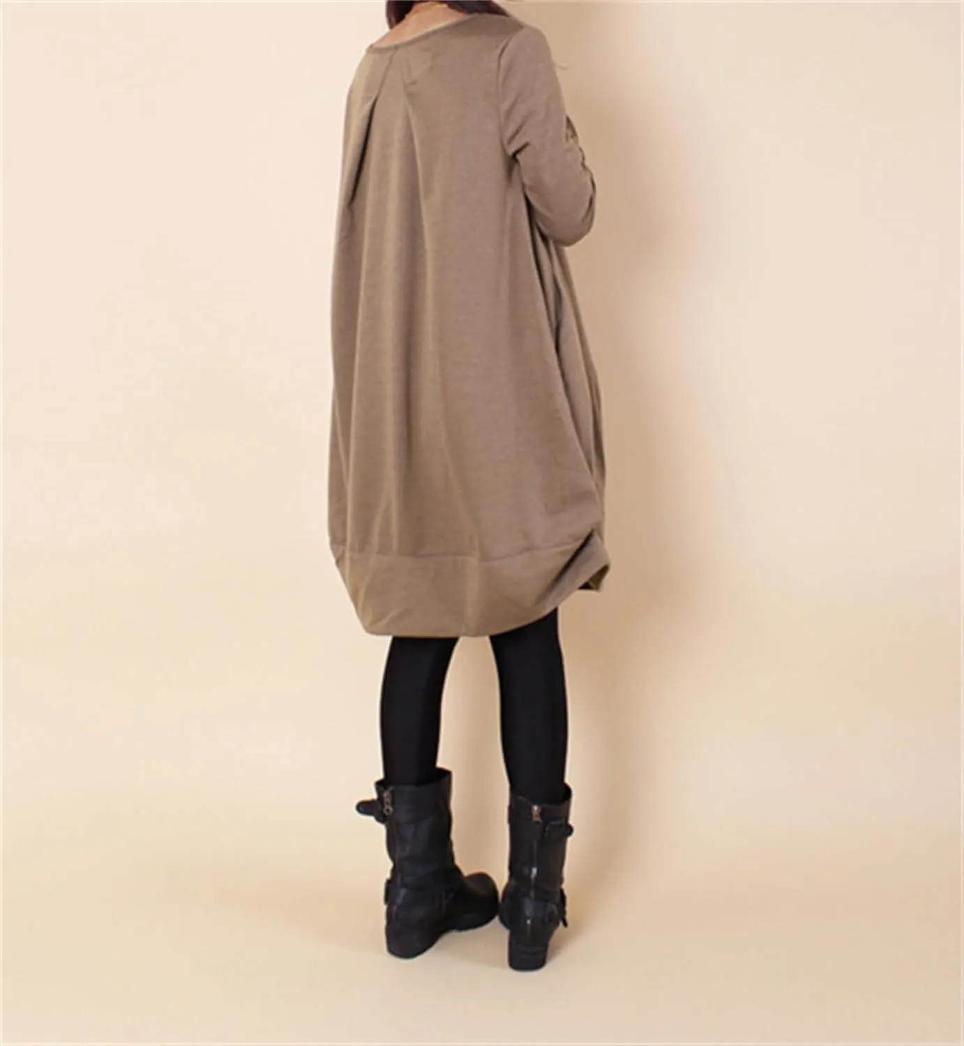 Womens Pleated Plus Size Midi Dress Crew Neck Long Sleeve Solid Color Loose Retro Flowy A Line Dress with Pockets