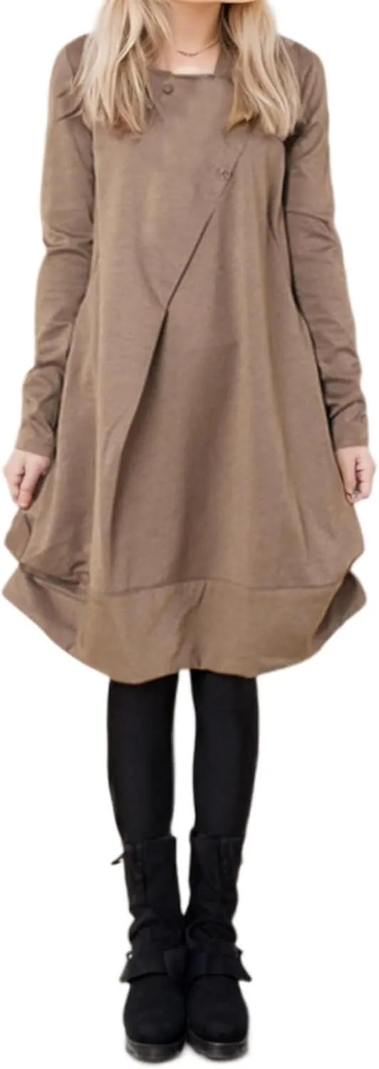 Womens Pleated Plus Size Midi Dress Crew Neck Long Sleeve Solid Color Loose Retro Flowy A Line Dress with Pockets