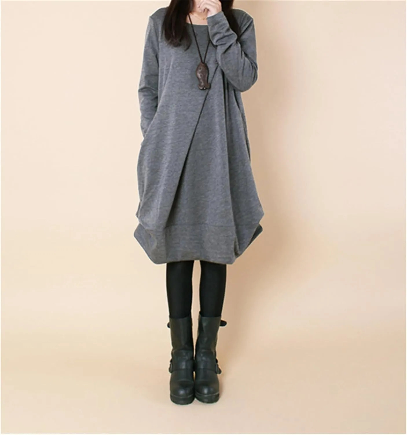 Womens Pleated Plus Size Midi Dress Crew Neck Long Sleeve Solid Color Loose Retro Flowy A Line Dress with Pockets