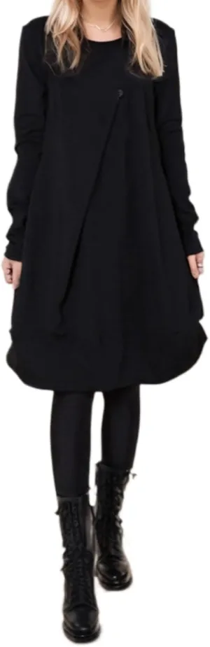 Womens Pleated Plus Size Midi Dress Crew Neck Long Sleeve Solid Color Loose Retro Flowy A Line Dress with Pockets