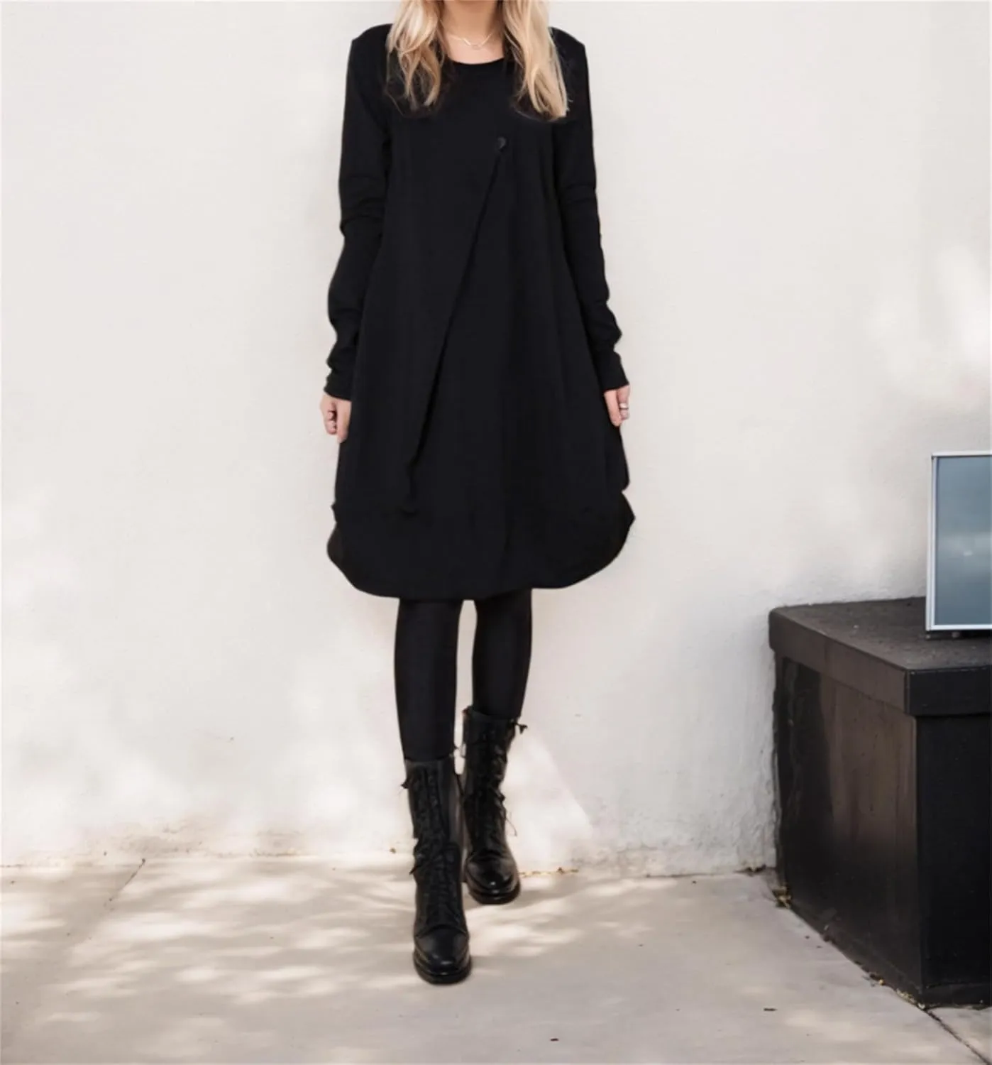 Womens Pleated Plus Size Midi Dress Crew Neck Long Sleeve Solid Color Loose Retro Flowy A Line Dress with Pockets