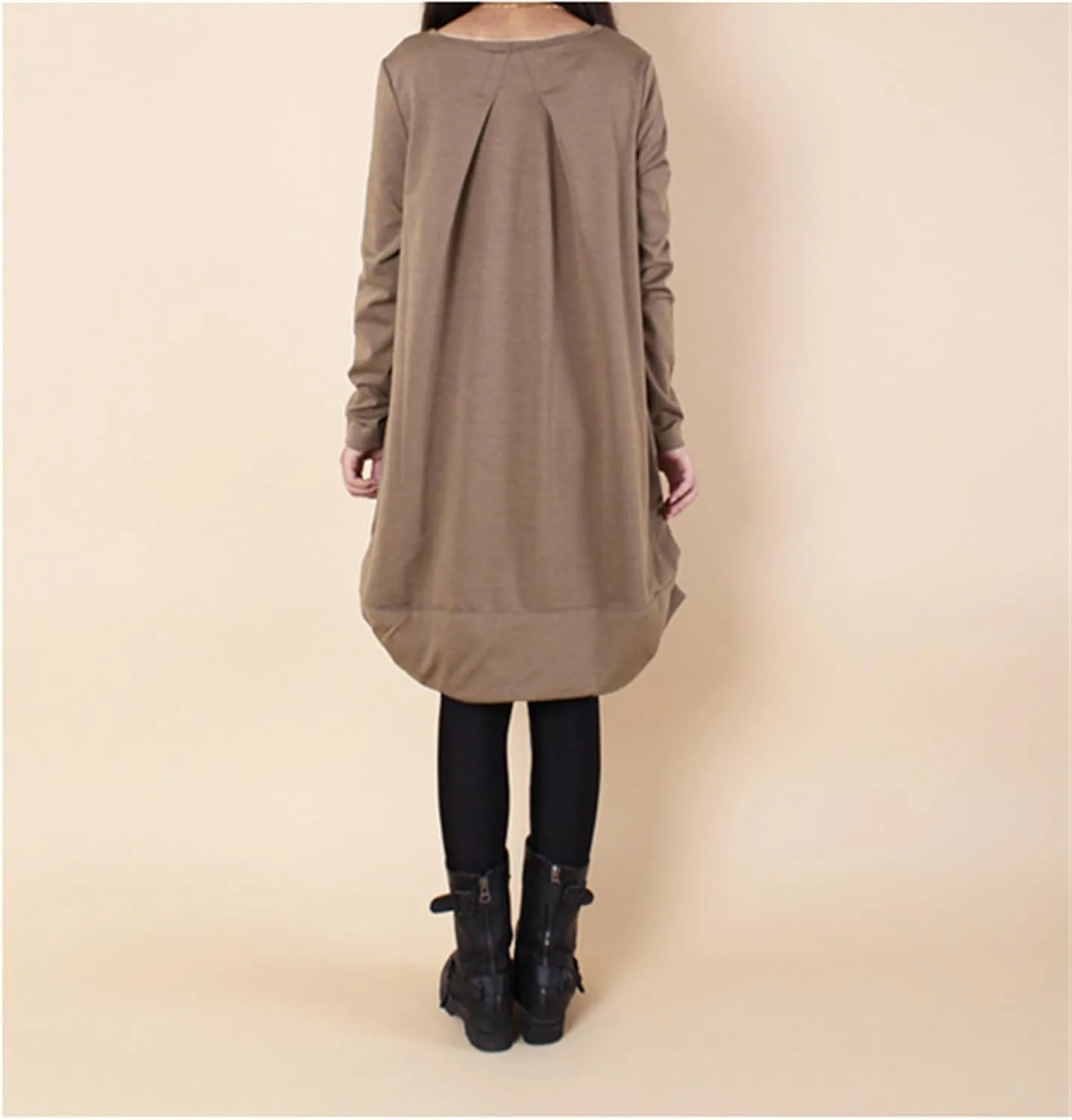 Womens Pleated Plus Size Midi Dress Crew Neck Long Sleeve Solid Color Loose Retro Flowy A Line Dress with Pockets