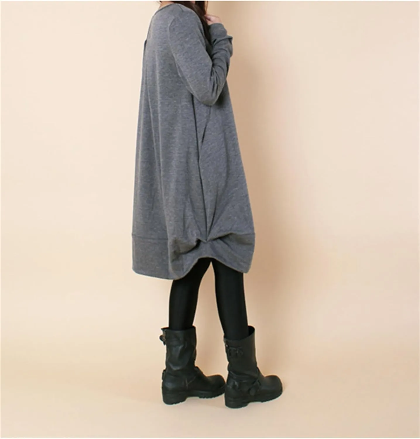 Womens Pleated Plus Size Midi Dress Crew Neck Long Sleeve Solid Color Loose Retro Flowy A Line Dress with Pockets
