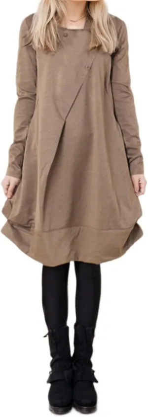 Womens Pleated Plus Size Midi Dress Crew Neck Long Sleeve Solid Color Loose Retro Flowy A Line Dress with Pockets