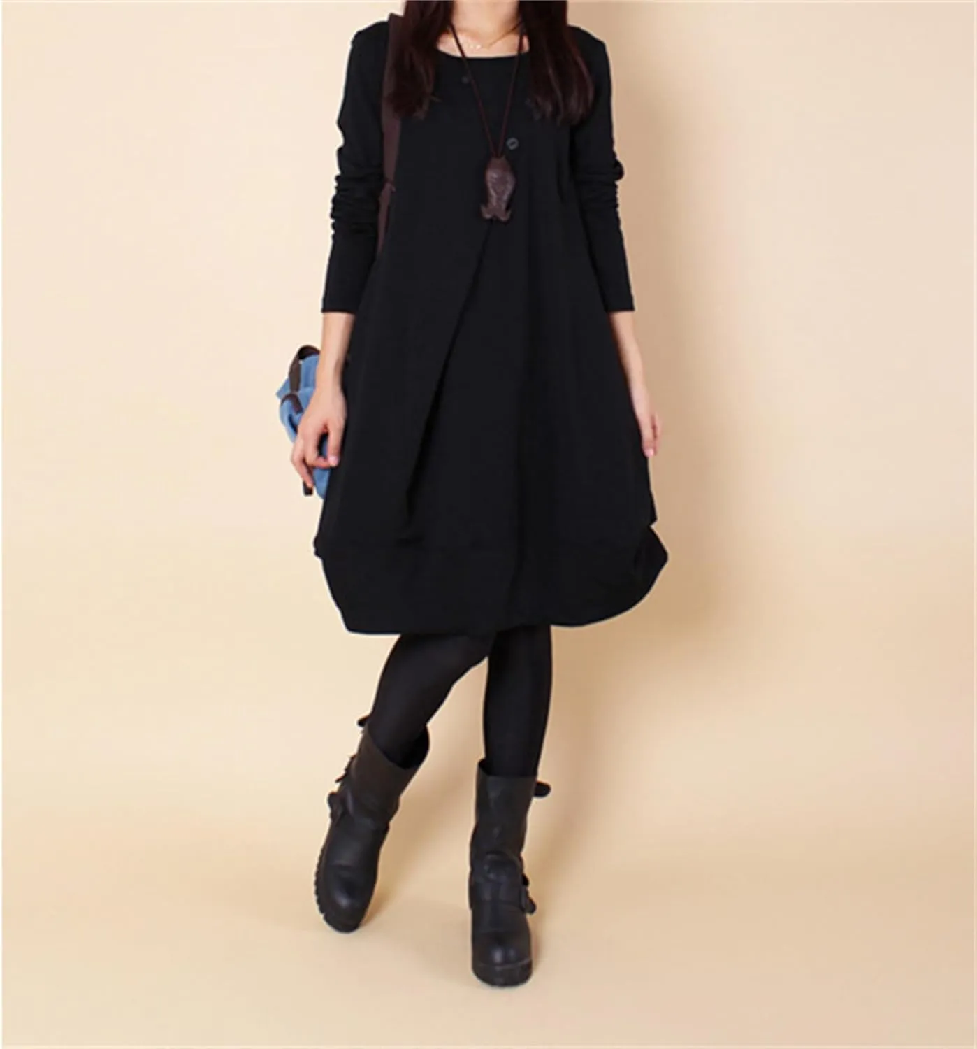 Womens Pleated Plus Size Midi Dress Crew Neck Long Sleeve Solid Color Loose Retro Flowy A Line Dress with Pockets