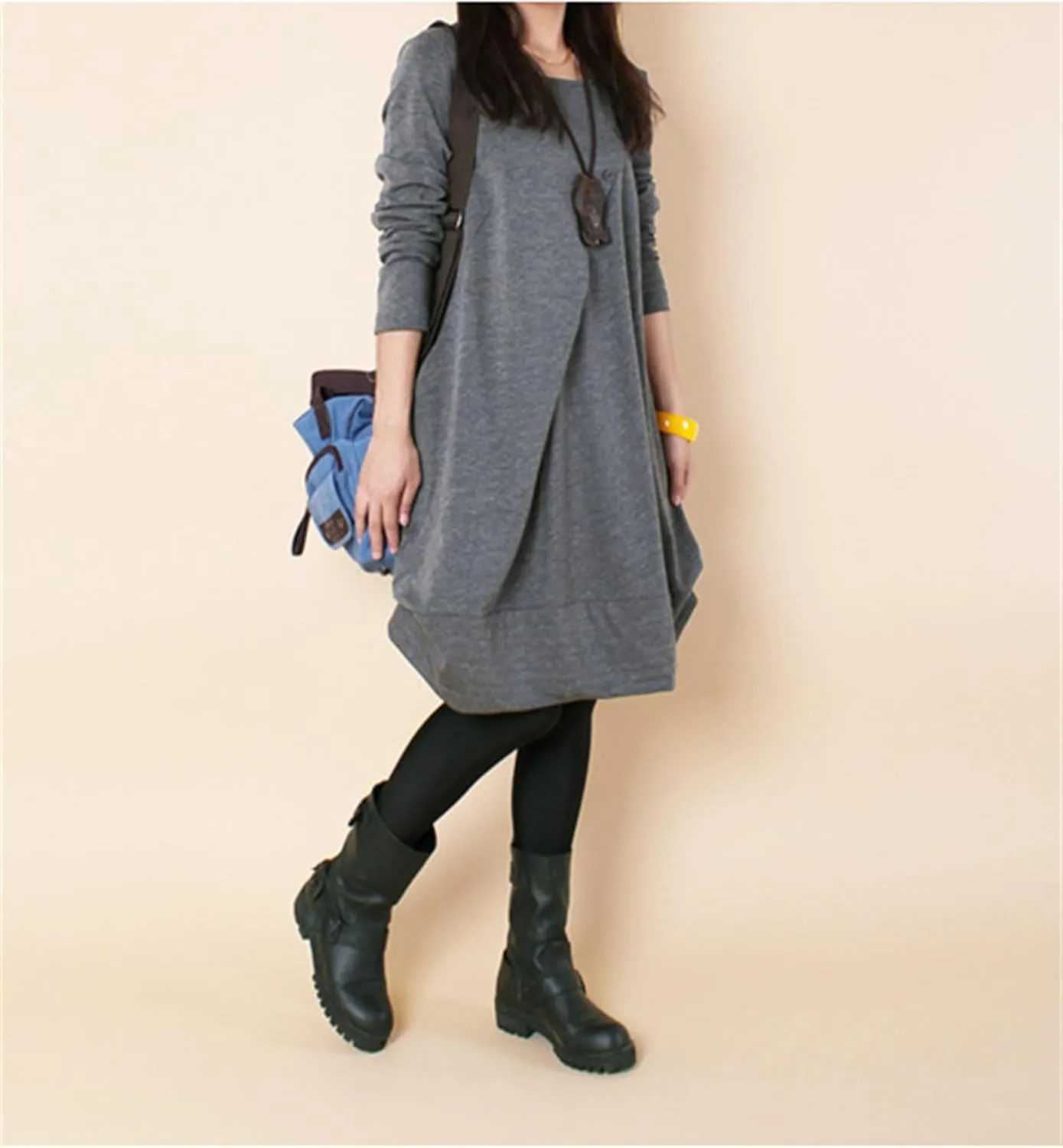 Womens Pleated Plus Size Midi Dress Crew Neck Long Sleeve Solid Color Loose Retro Flowy A Line Dress with Pockets