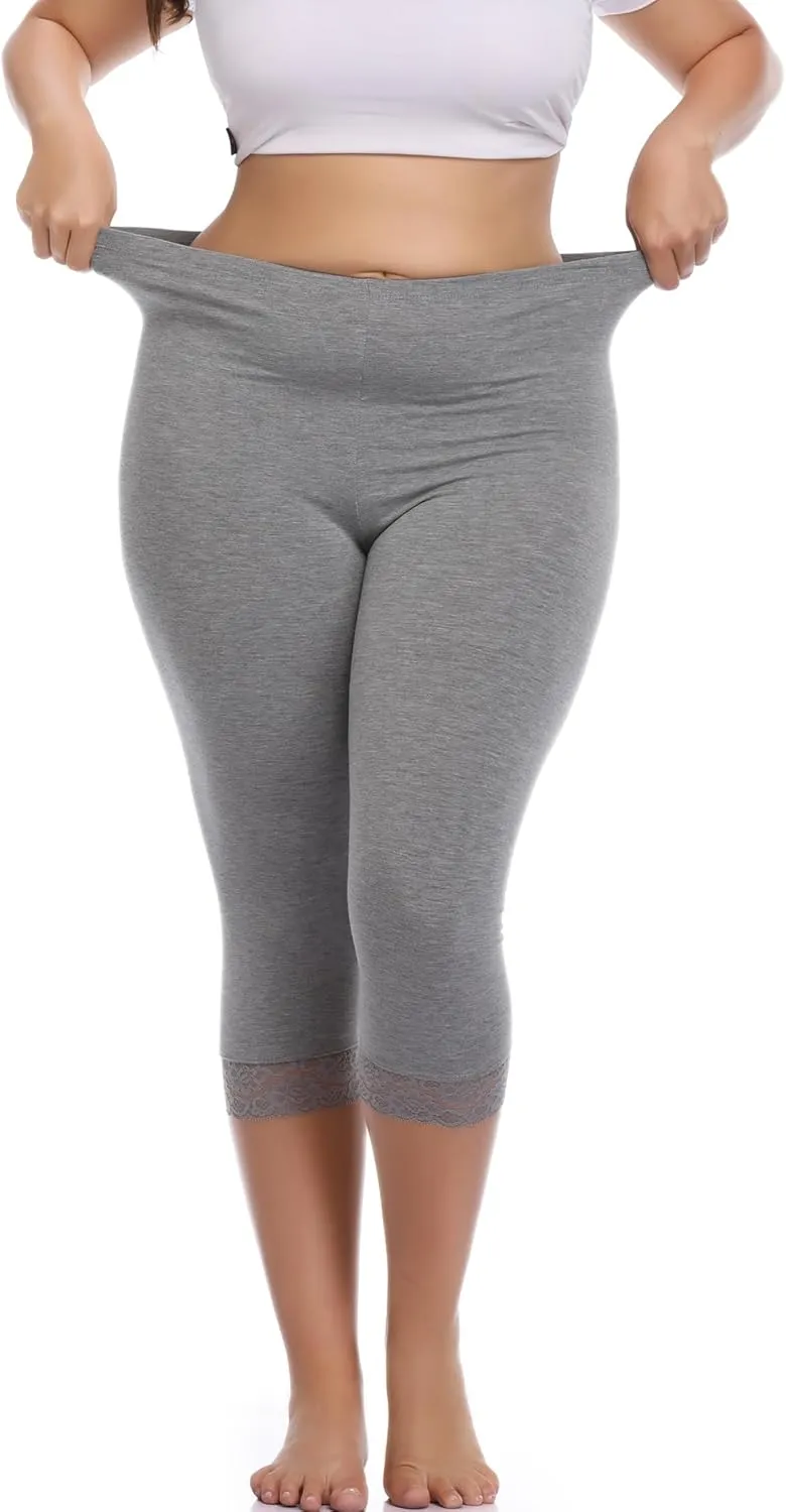 Women's Plus Size Capri Leggings Lace Trim High Waisted Stretchy Soft Crop Pants