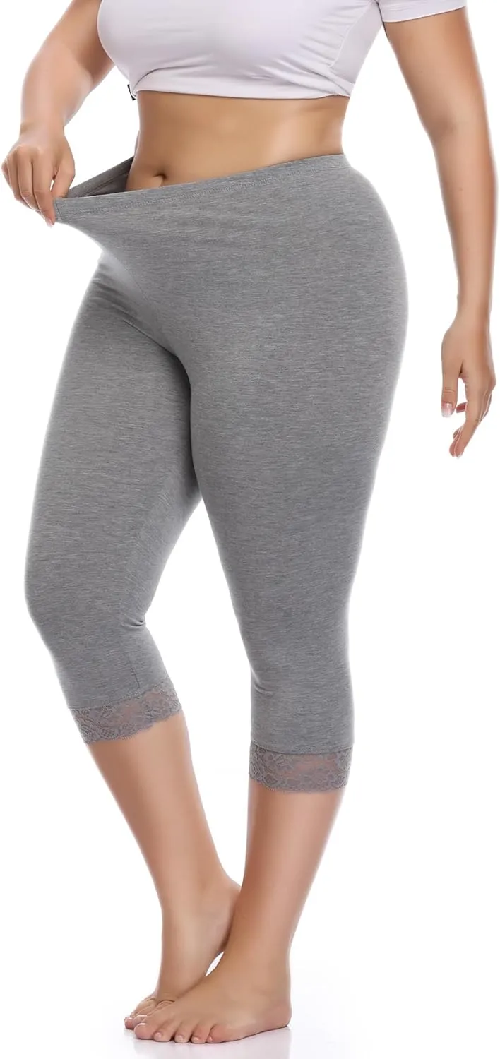Women's Plus Size Capri Leggings Lace Trim High Waisted Stretchy Soft Crop Pants