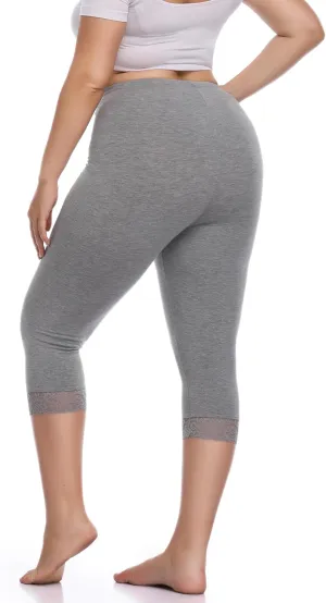 Women's Plus Size Capri Leggings Lace Trim High Waisted Stretchy Soft Crop Pants
