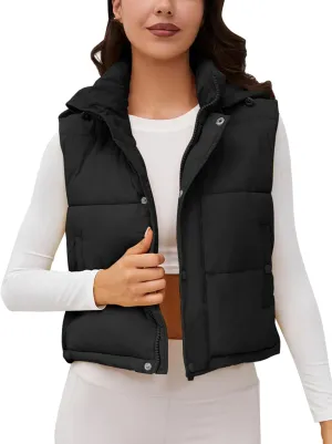 Women's Puffer Vest Hooded Button Down Zip Up Winter Outerwear Vests with Pockets