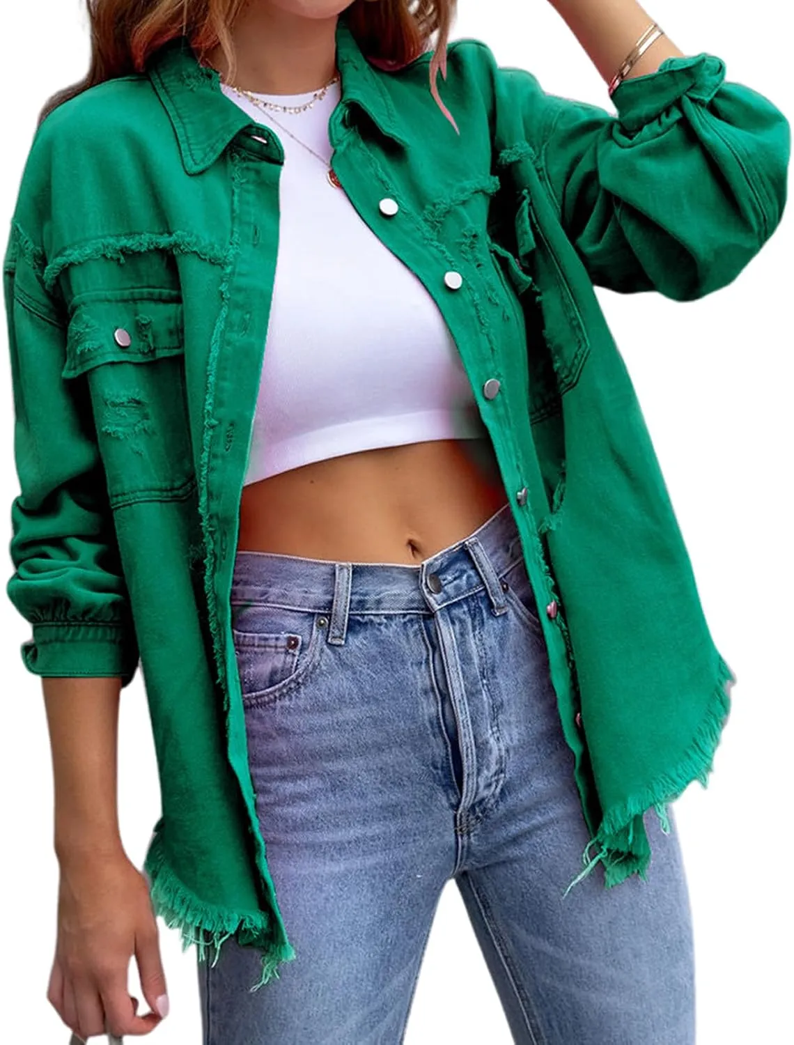 Womens Ripped Denim Jacket Oversized Boyfriend Button Front Frayed Hem Shacket Distresse Jean Coat with Pockets