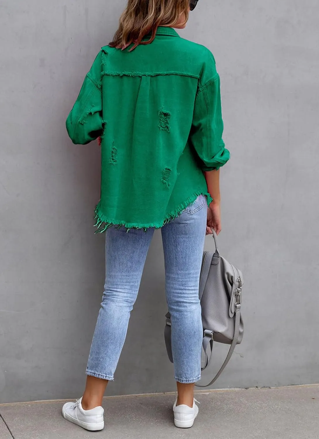 Womens Ripped Denim Jacket Oversized Boyfriend Button Front Frayed Hem Shacket Distresse Jean Coat with Pockets