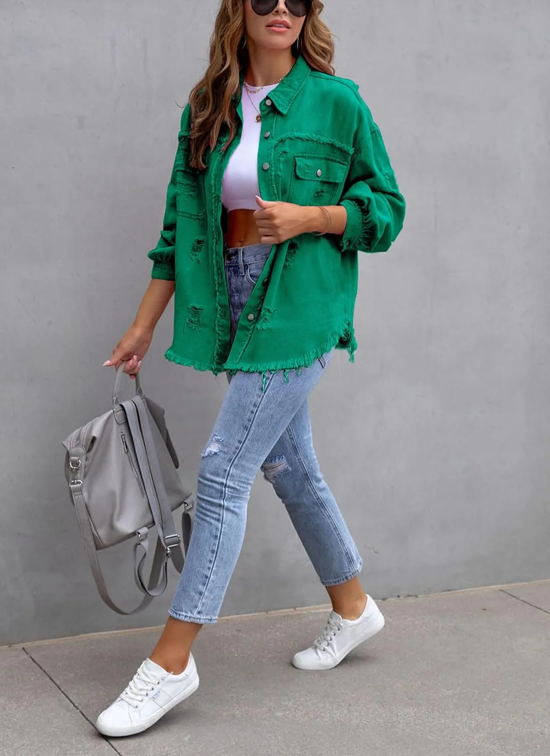 Womens Ripped Denim Jacket Oversized Boyfriend Button Front Frayed Hem Shacket Distresse Jean Coat with Pockets