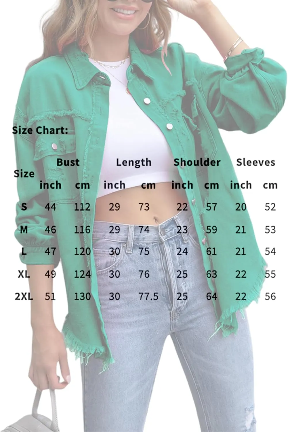 Womens Ripped Denim Jacket Oversized Boyfriend Button Front Frayed Hem Shacket Distresse Jean Coat with Pockets