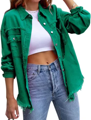 Womens Ripped Denim Jacket Oversized Boyfriend Button Front Frayed Hem Shacket Distresse Jean Coat with Pockets