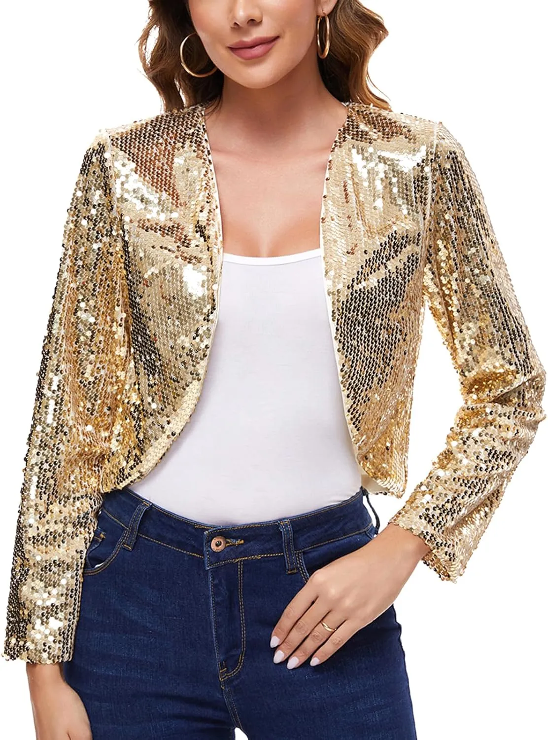 Women's Sequin Shrug Bolero Long Sleeve Collarless Glitter Jackets Sparkly Crop Cardigan