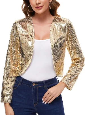 Women's Sequin Shrug Bolero Long Sleeve Collarless Glitter Jackets Sparkly Crop Cardigan