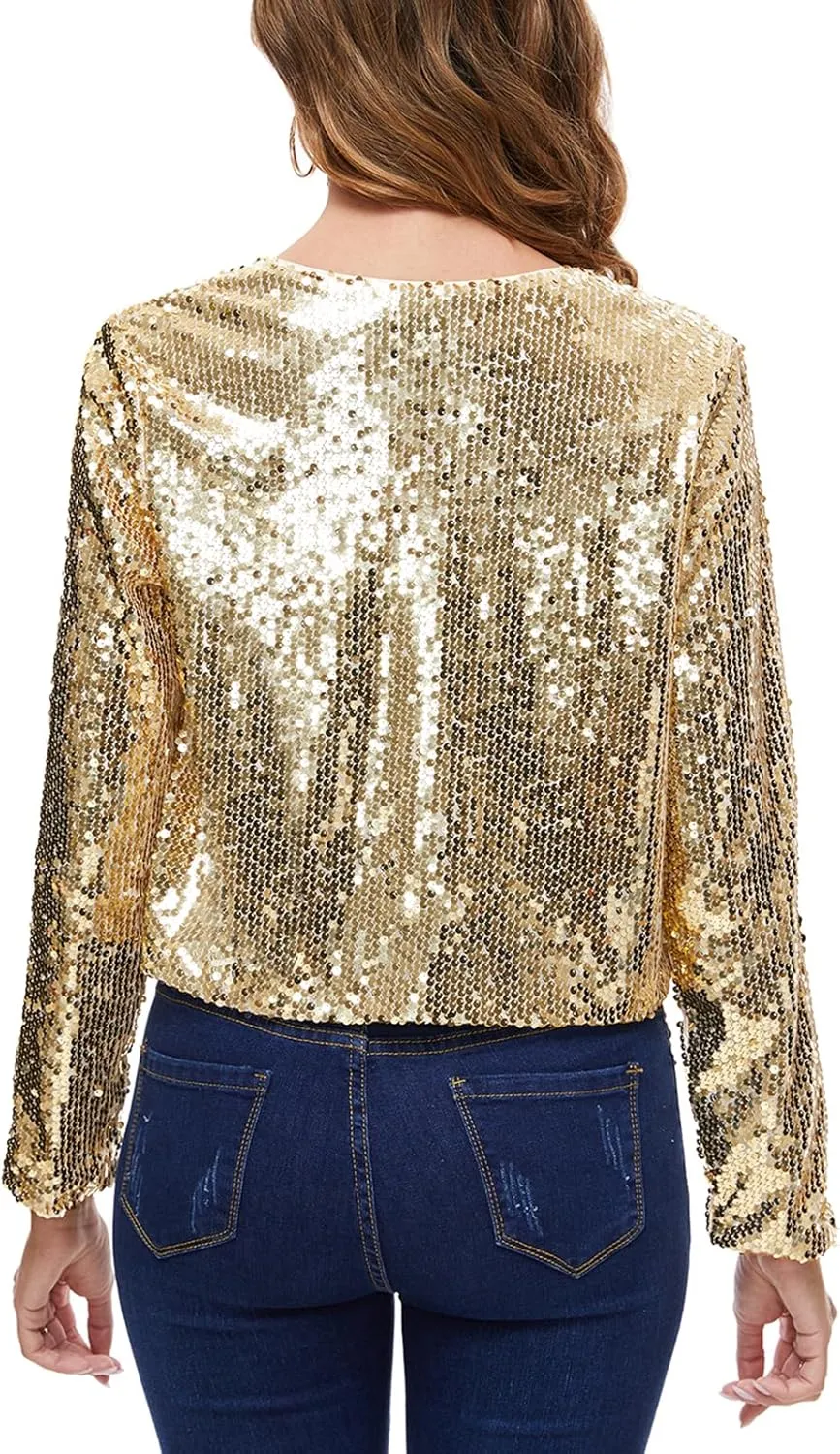 Women's Sequin Shrug Bolero Long Sleeve Collarless Glitter Jackets Sparkly Crop Cardigan