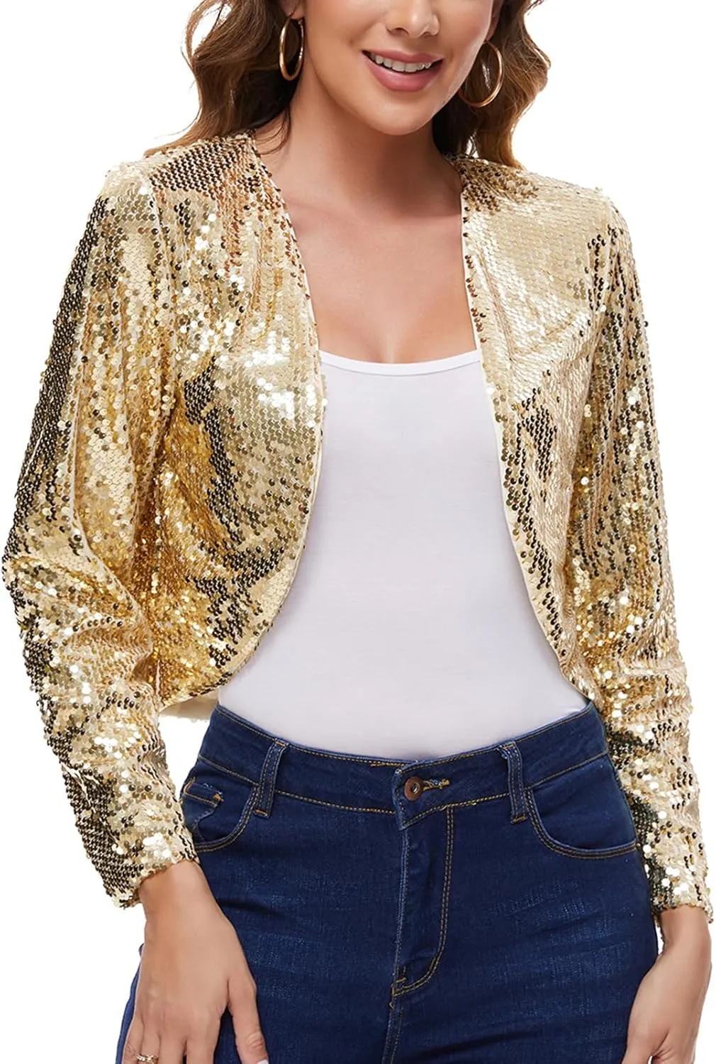 Women's Sequin Shrug Bolero Long Sleeve Collarless Glitter Jackets Sparkly Crop Cardigan