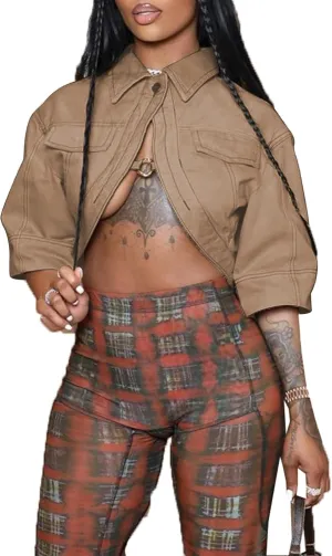 Women's Sexy Short Sleeve Cropped Lapel Jacket Cut Out Y2k Button Down Top Clubwear