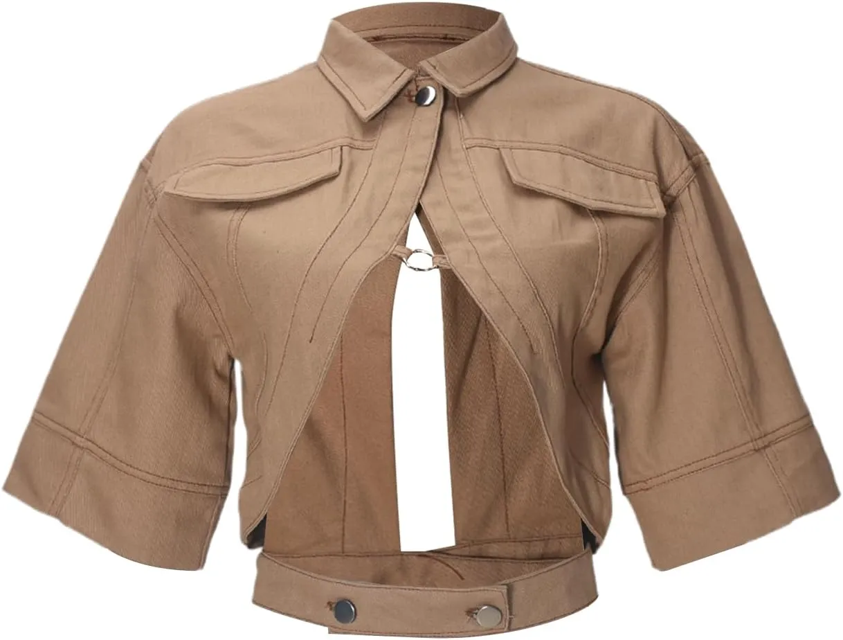 Women's Sexy Short Sleeve Cropped Lapel Jacket Cut Out Y2k Button Down Top Clubwear