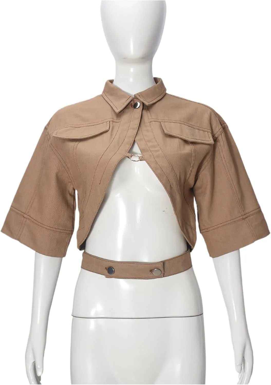 Women's Sexy Short Sleeve Cropped Lapel Jacket Cut Out Y2k Button Down Top Clubwear