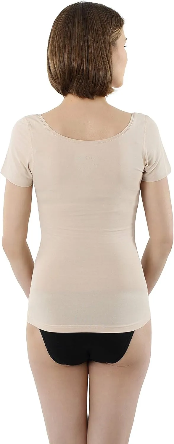 Women's Short Sleeve Undershirt with deep Scoop Neck Stretch Cotton Nude Beige