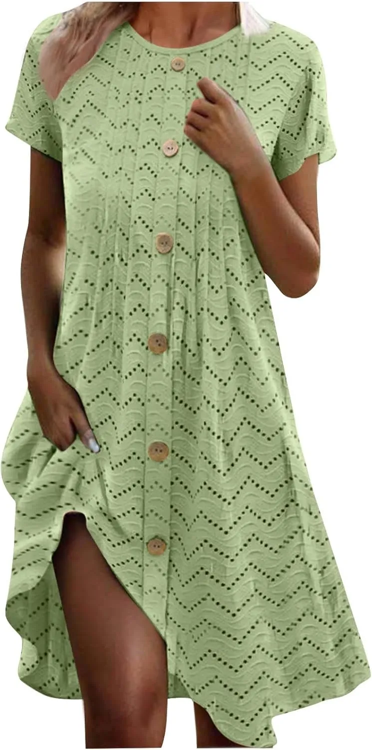 Womens Short Summer Dresses Casual Baggy Round Neck a Line Dresses Button Down Sundresses Beach Wear 2025 Vacation