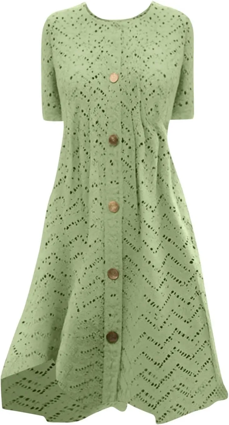 Womens Short Summer Dresses Casual Baggy Round Neck a Line Dresses Button Down Sundresses Beach Wear 2025 Vacation