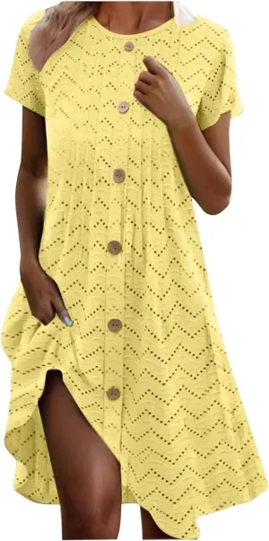 Womens Short Summer Dresses Casual Baggy Round Neck a Line Dresses Button Down Sundresses Beach Wear 2025 Vacation