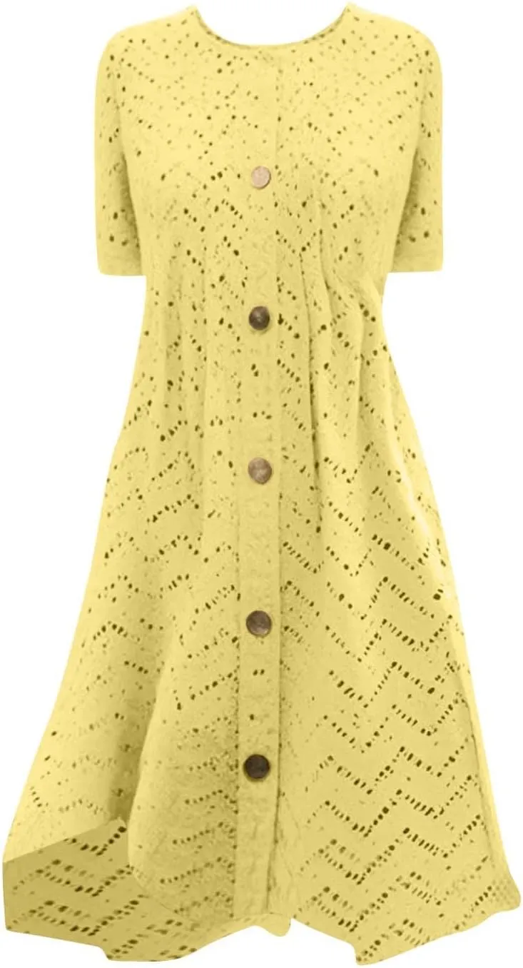 Womens Short Summer Dresses Casual Baggy Round Neck a Line Dresses Button Down Sundresses Beach Wear 2025 Vacation
