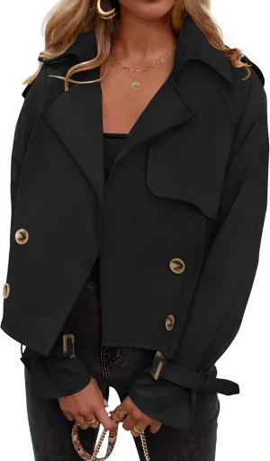 Women's Short Trench Coat Jackets Long Sleeve Double Breasted Notched Lapel Casual Loose Jacket With Pockets