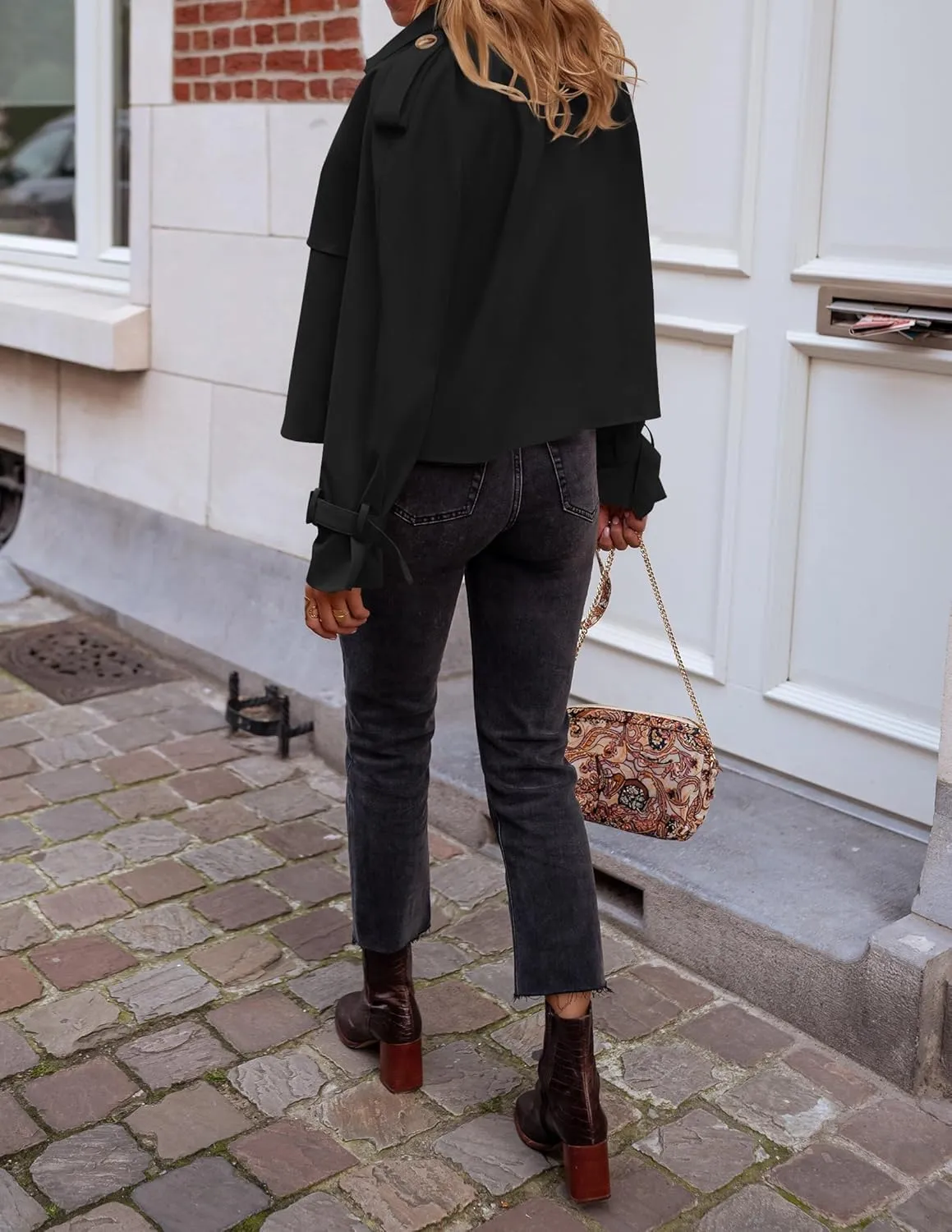 Women's Short Trench Coat Jackets Long Sleeve Double Breasted Notched Lapel Casual Loose Jacket With Pockets