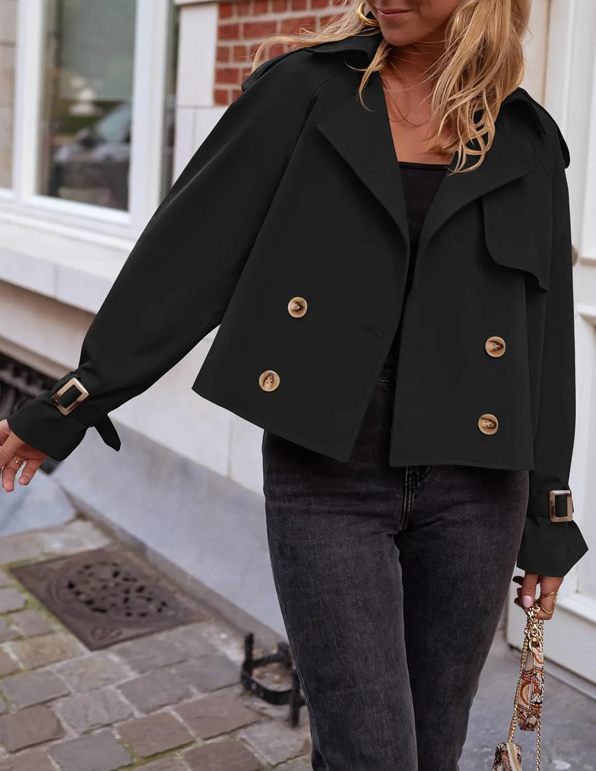 Women's Short Trench Coat Jackets Long Sleeve Double Breasted Notched Lapel Casual Loose Jacket With Pockets