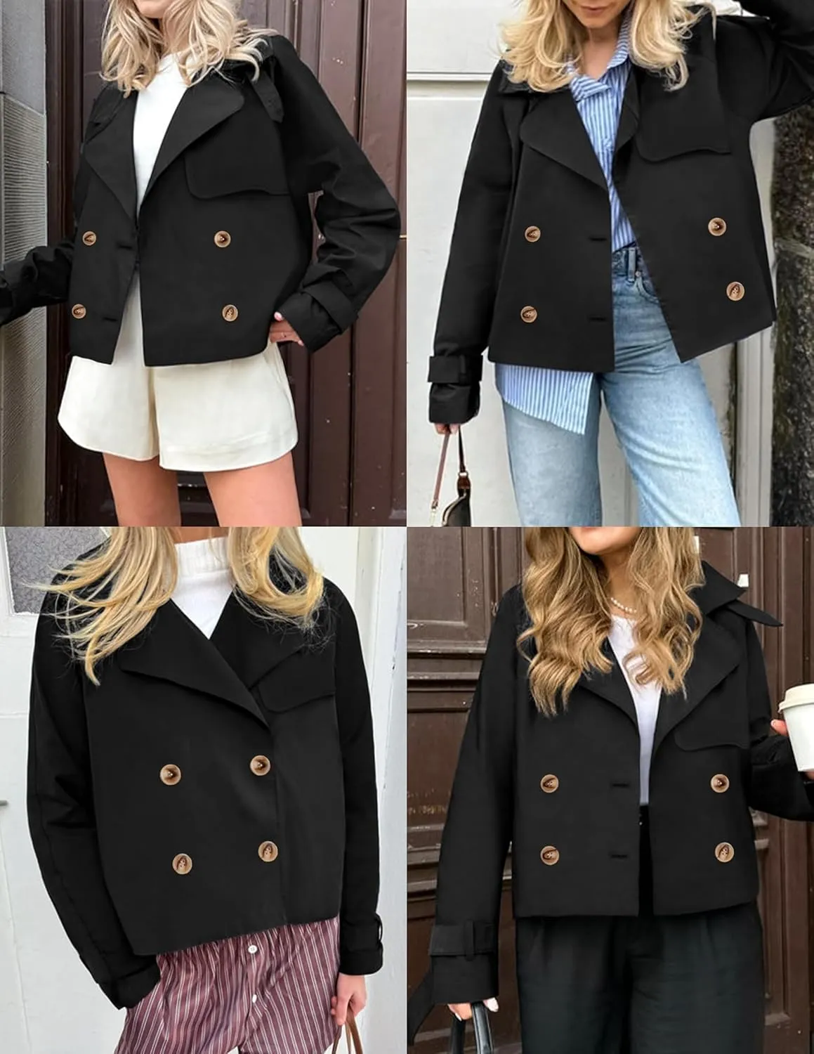 Women's Short Trench Coat Jackets Long Sleeve Double Breasted Notched Lapel Casual Loose Jacket With Pockets
