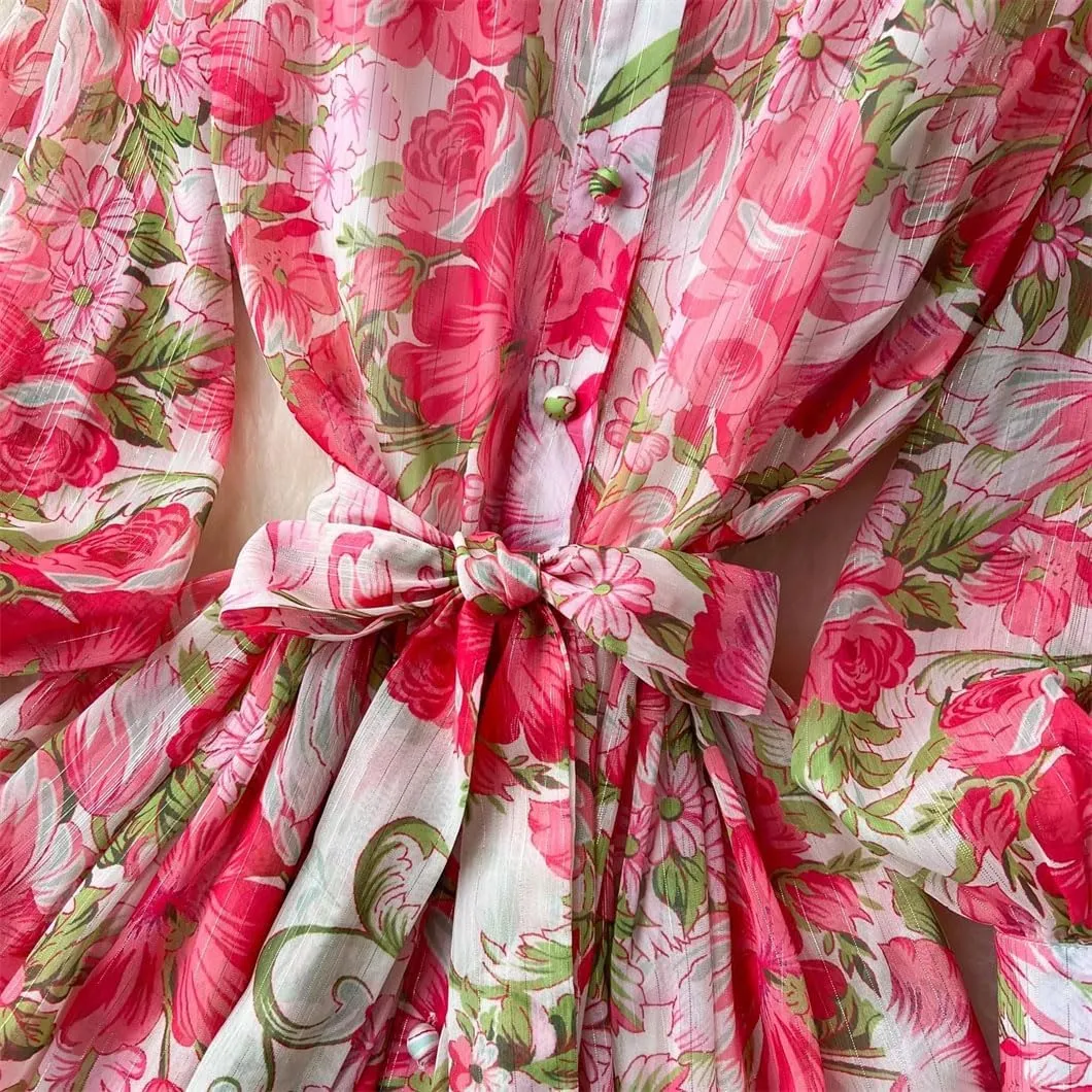 Women's Silk Chiffon Flower Dress Mock Neck Long Lantern Sleeve Sashes Print Loose A Line Robe