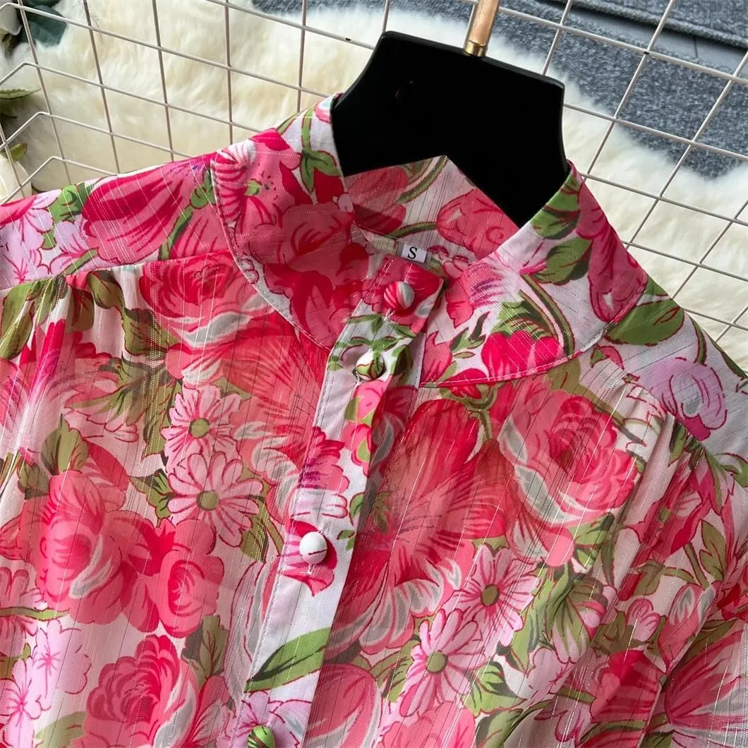 Women's Silk Chiffon Flower Dress Mock Neck Long Lantern Sleeve Sashes Print Loose A Line Robe
