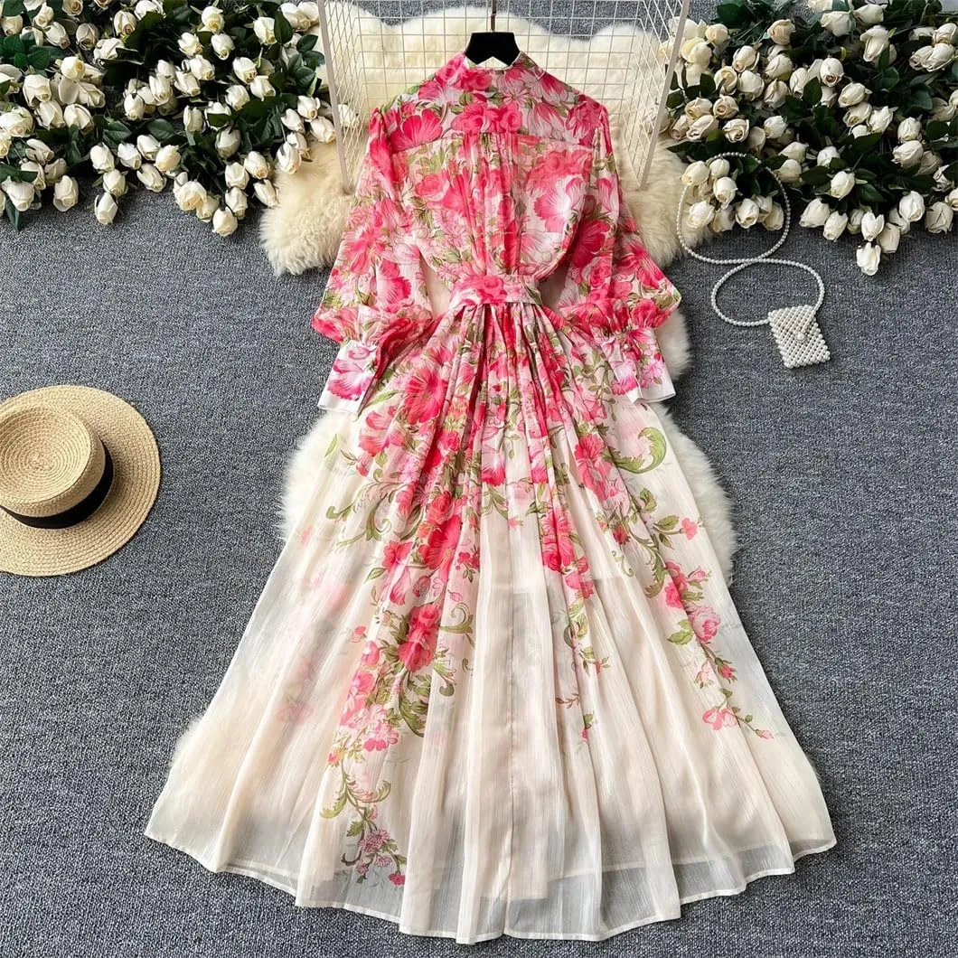 Women's Silk Chiffon Flower Dress Mock Neck Long Lantern Sleeve Sashes Print Loose A Line Robe