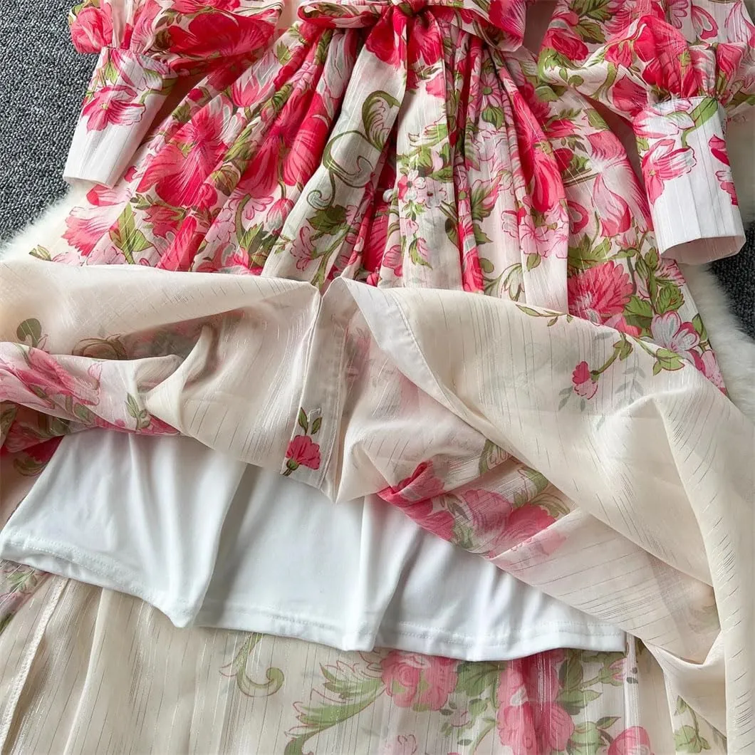 Women's Silk Chiffon Flower Dress Mock Neck Long Lantern Sleeve Sashes Print Loose A Line Robe