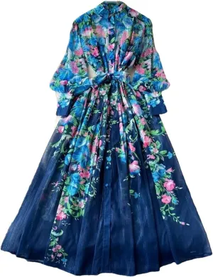 Women's Silk Chiffon Flower Dress Mock Neck Long Lantern Sleeve Sashes Print Loose A Line Robe